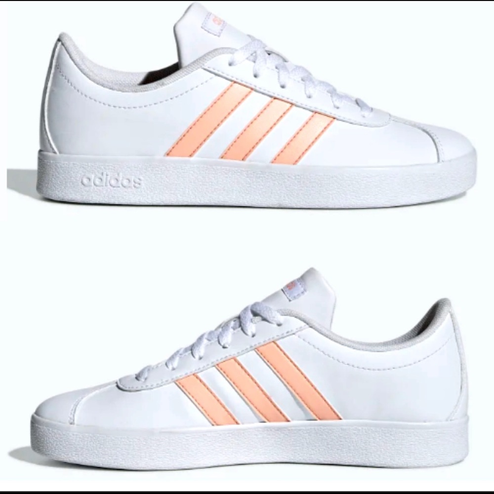 ADIDAS VL Court 2.0 K white & glo pink girls size 4 EUC - Picture 1 of 13